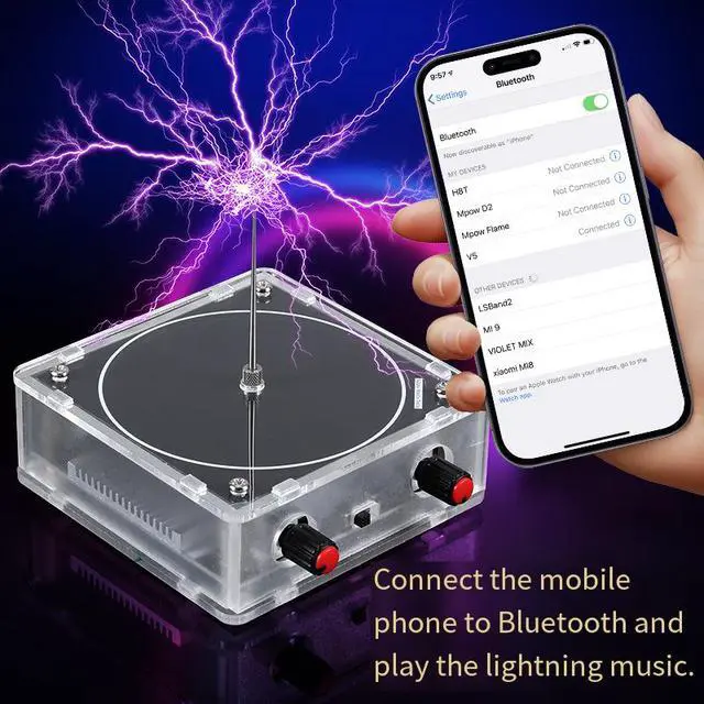 Alt view image 5 of 6 - Music Tesla Coil Speaker, Bluetooth Plasma Arc Generator with Touchable Artificial Lightning Effect, Audio Input STEM Science Experiment Kit
