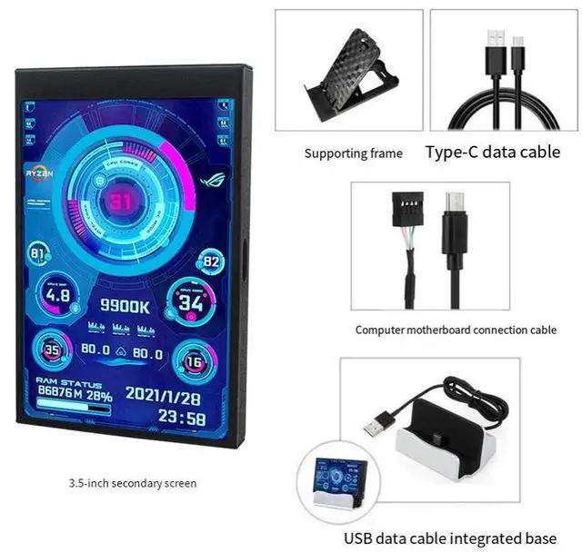 Alt view image 2 of 7 - 3.5 Inch IPS USB Type-C Secondary Display, PC Hardware Monitoring Screen with AIDA64 Support, CPU GPU Temperature Monitor for Computer Case(Black)