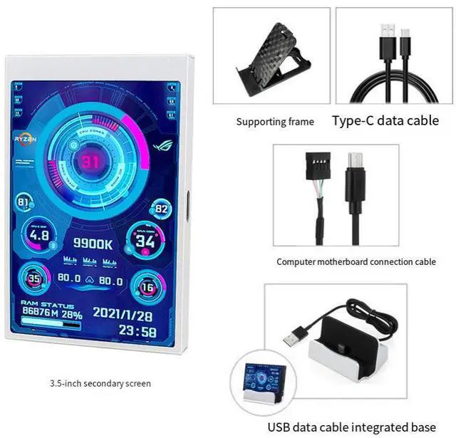 Alt view image 2 of 7 - 3.5 Inch IPS USB Type-C Secondary Display, PC Hardware Monitoring Screen with AIDA64 Support, CPU GPU Temperature Monitor for Computer Case white