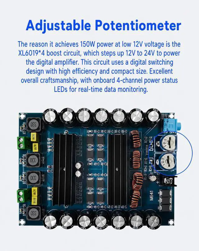 Alt view image 4 of 7 - XH-M641 TPA3116D2 Dual Channel Power Amplifier Board - 150W x 2 Car Audio Amp Module for 12V Battery Systems, High Power DIY Stereo Amplifier