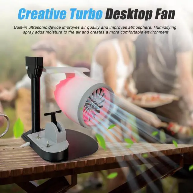 Alt view image 5 of 6 - Jet Engine Desk Fan, Mini Turbo Fan with Mist Spray Humidifier and RGB Flame Light Effect, USB Creative Cooling Fan for Office Gaming Desk