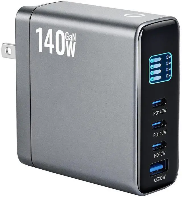 Alt view image 5 of 6 - 140W GaN Charger with TFT Display, Foldable Plug USB C Power Adapter, 140W Fast Charger with Digital Screen for Laptop, Phone and Tablet Charging(White)