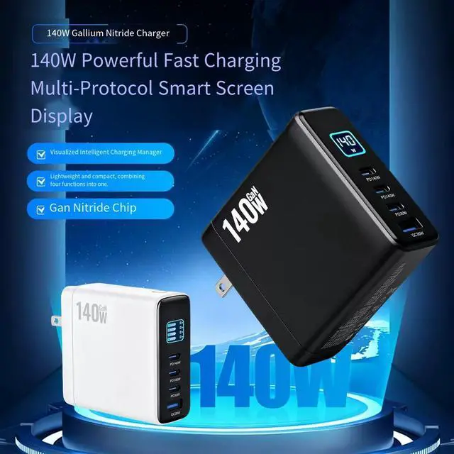 Alt view image 3 of 6 - 140W GaN Charger with TFT Display, Foldable Plug USB C Power Adapter, 140W Fast Charger with Digital Screen for Laptop, Phone and Tablet Charging(White)