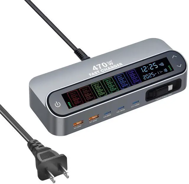 Main image of 470W GaN PD Desktop Charger with Retractable Cable, 470W Digital Display Fast Charger, USB C Power Adapter with LED Screen for Laptop, Phone and Multiple Devices