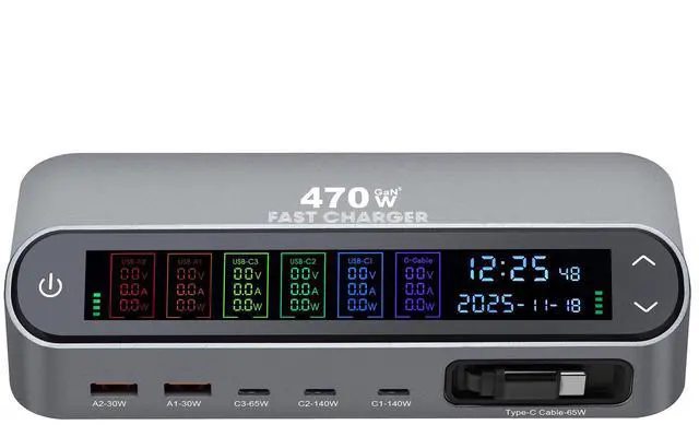 Alt view image 2 of 7 - 470W GaN PD Desktop Charger with Retractable Cable, 470W Digital Display Fast Charger, USB C Power Adapter with LED Screen for Laptop, Phone and Multiple Devices