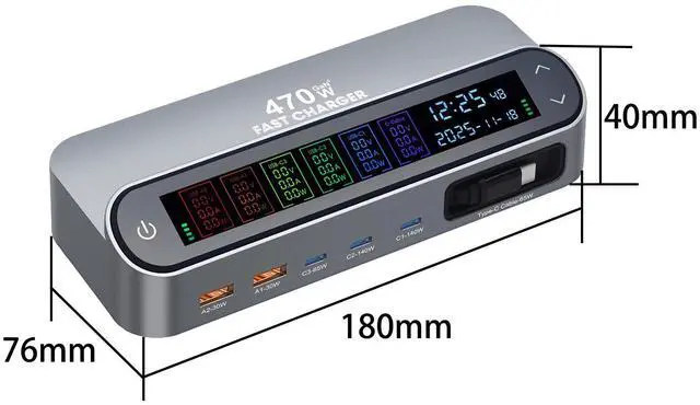 Alt view image 4 of 7 - 470W GaN PD Desktop Charger with Retractable Cable, 470W Digital Display Fast Charger, USB C Power Adapter with LED Screen for Laptop, Phone and Multiple Devices