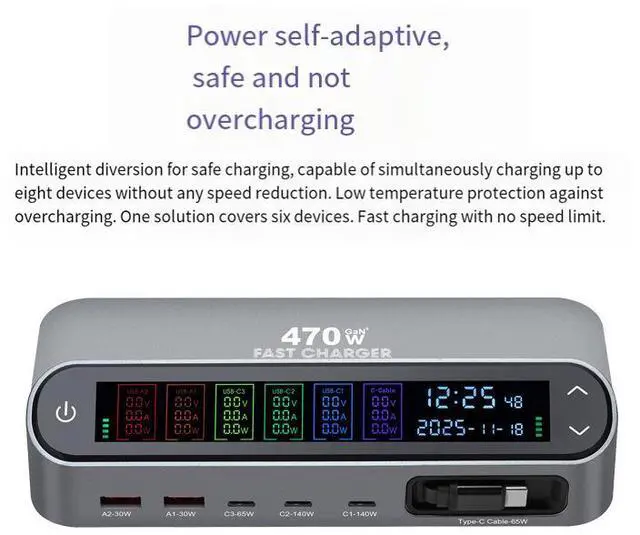 Alt view image 5 of 7 - 470W GaN PD Desktop Charger with Retractable Cable, 470W Digital Display Fast Charger, USB C Power Adapter with LED Screen for Laptop, Phone and Multiple Devices