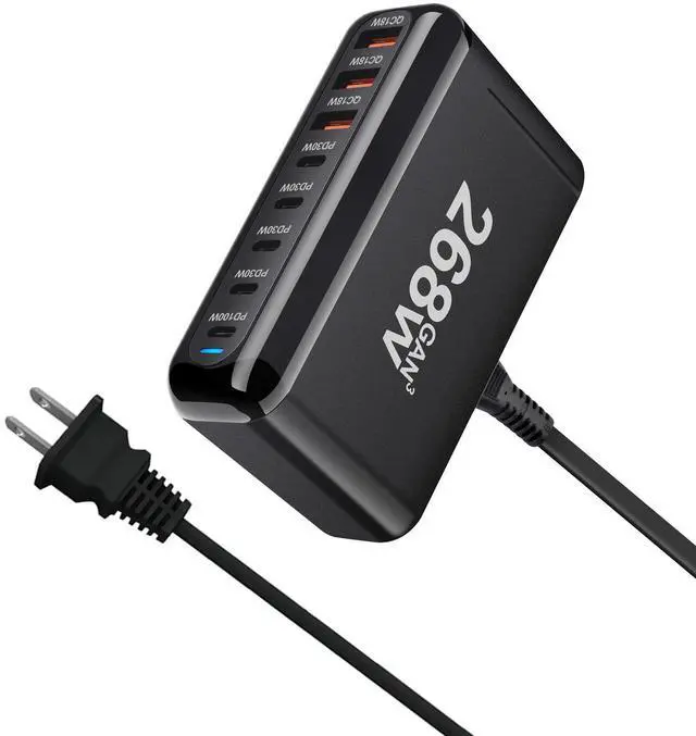 Alt view image 2 of 5 - 268W GaN Desktop Charging Station, 8-Port USB-C & USB-A Fast Charger Hub with 100W PD 3.0, Multi-Device Power Adapter for MacBook Pro, iPhone 15/14, iPad, Samsung Galaxy