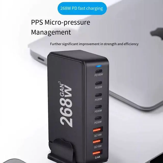 Alt view image 3 of 5 - 268W GaN Desktop Charging Station, 8-Port USB-C & USB-A Fast Charger Hub with 100W PD 3.0, Multi-Device Power Adapter for MacBook Pro, iPhone 15/14, iPad, Samsung Galaxy