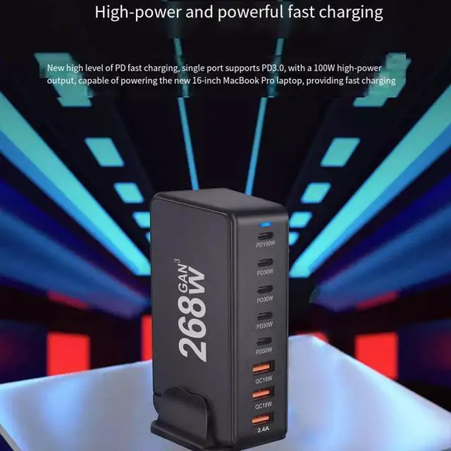 Alt view image 4 of 5 - 268W GaN Desktop Charging Station, 8-Port USB-C & USB-A Fast Charger Hub with 100W PD 3.0, Multi-Device Power Adapter for MacBook Pro, iPhone 15/14, iPad, Samsung Galaxy