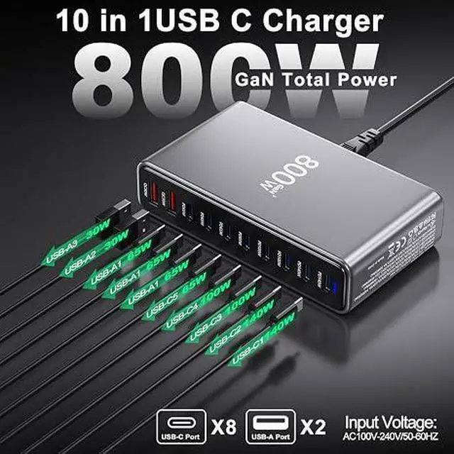 Alt view image 2 of 7 - 800W USB C Charger,GaN 10 Ports USB Charger,Multiple Plug Fast Charger Laptop Charger,PD Power Adapter Compatible with MacBook Pro/Air/Dell/iPhone/Galaxy/Laptop/Tablet/Mobile