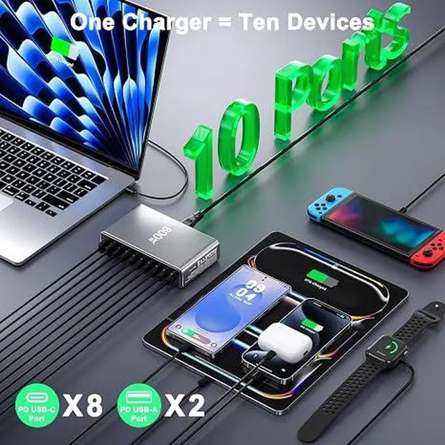 Alt view image 4 of 7 - 800W USB C Charger,GaN 10 Ports USB Charger,Multiple Plug Fast Charger Laptop Charger,PD Power Adapter Compatible with MacBook Pro/Air/Dell/iPhone/Galaxy/Laptop/Tablet/Mobile