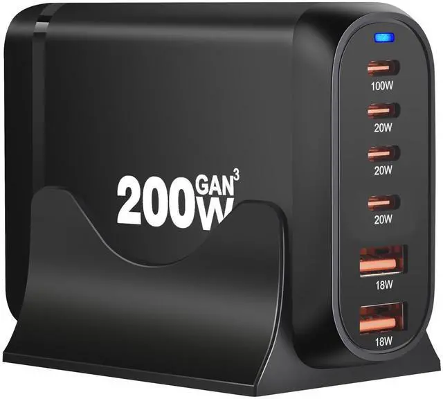 Main image of 200W USB C Charger, 6 Ports USB C Fast Charging Station, GaN III PD QC Desktop Charger Block for Multiple Devices, Compatible with MacBook, DELL, Tablet iPad, iPhone, Samsung Galaxy, Black