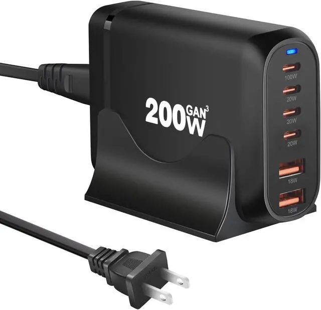 Alt view image 4 of 7 - 200W USB C Charger, 6 Ports USB C Fast Charging Station, GaN III PD QC Desktop Charger Block for Multiple Devices, Compatible with MacBook, DELL, Tablet iPad, iPhone, Samsung Galaxy, Black