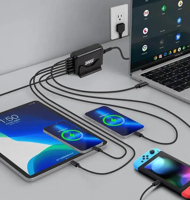 Alt view image 5 of 7 - 200W USB C Charger, 6 Ports USB C Fast Charging Station, GaN III PD QC Desktop Charger Block for Multiple Devices, Compatible with MacBook, DELL, Tablet iPad, iPhone, Samsung Galaxy, Black