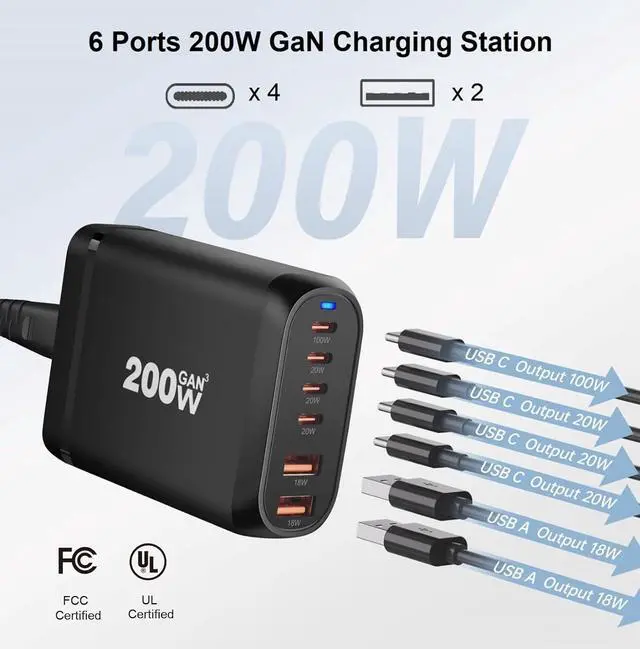 Alt view image 2 of 7 - 200W USB C Charger, 6 Ports USB C Fast Charging Station, GaN III PD QC Desktop Charger Block for Multiple Devices, Compatible with MacBook, DELL, Tablet iPad, iPhone, Samsung Galaxy, Black