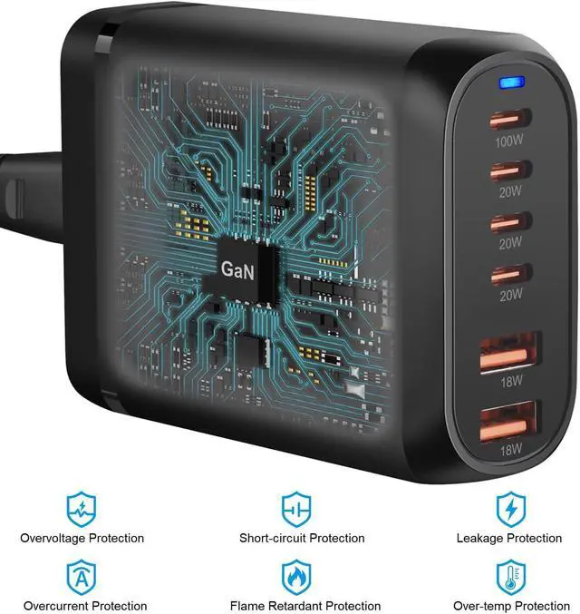 Alt view image 3 of 7 - 200W USB C Charger, 6 Ports USB C Fast Charging Station, GaN III PD QC Desktop Charger Block for Multiple Devices, Compatible with MacBook, DELL, Tablet iPad, iPhone, Samsung Galaxy, Black