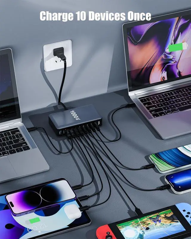Alt view image 3 of 7 - 1000W USB C Charger Block,10-Port USB C Charging Station GaN IV Travel Essentials Multiple Port Charging Station,140W Laptop Fast Charger Adapter for MacBook Pro/Air,DELL,iPad,iPhone,Samsung Galaxy