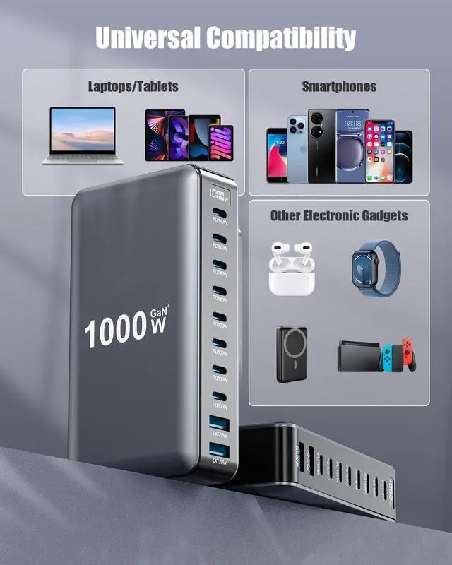 Alt view image 7 of 7 - 1000W USB C Charger Block,10-Port USB C Charging Station GaN IV Travel Essentials Multiple Port Charging Station,140W Laptop Fast Charger Adapter for MacBook Pro/Air,DELL,iPad,iPhone,Samsung Galaxy