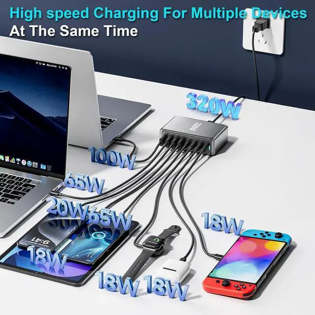 Alt view image 3 of 7 - 320W GaN Desktop Charging Station, 8-Port USB-C & USB-A Fast Charger Hub with PD 3.0, Multi-Device Power Adapter for MacBook Pro, iPhone 15/14, iPad, Samsung Galaxy(White))