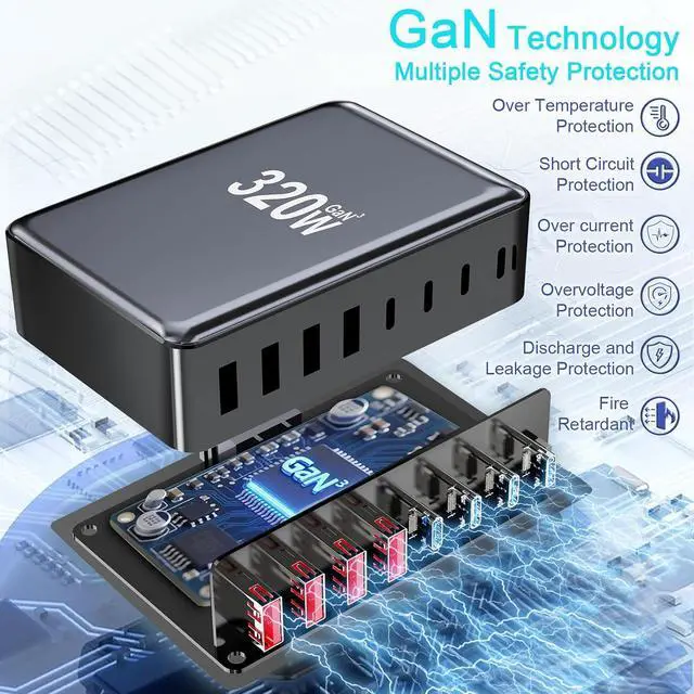 Alt view image 4 of 7 - 320W GaN Desktop Charging Station, 8-Port USB-C & USB-A Fast Charger Hub with PD 3.0, Multi-Device Power Adapter for MacBook Pro, iPhone 15/14, iPad, Samsung Galaxy(White))