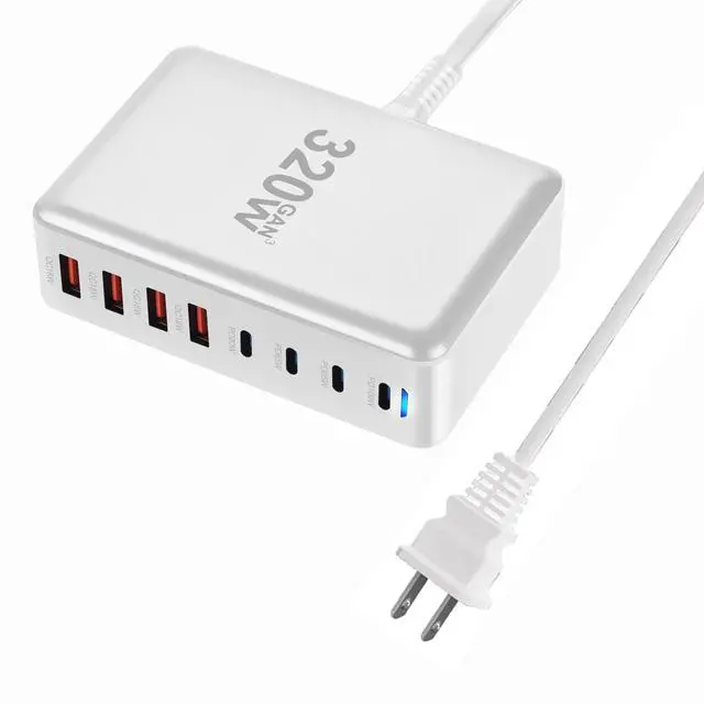 Alt view image 2 of 7 - 320W GaN Desktop Charging Station, 8-Port USB-C & USB-A Fast Charger Hub with PD 3.0, Multi-Device Power Adapter for MacBook Pro, iPhone 15/14, iPad, Samsung Galaxy(White))