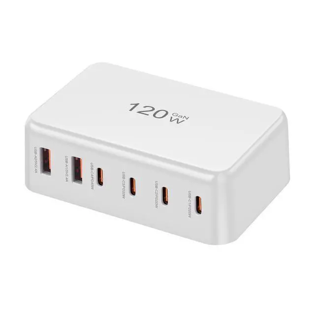 Alt view image 3 of 5 - 120W GaN Desktop Charging Station, 6-Port USB-C & USB-A Fast Charger Hub with PD 3.0, Multi-Device Power Adapter for MacBook Pro, iPhone 15/14, iPad, Samsung Galaxy