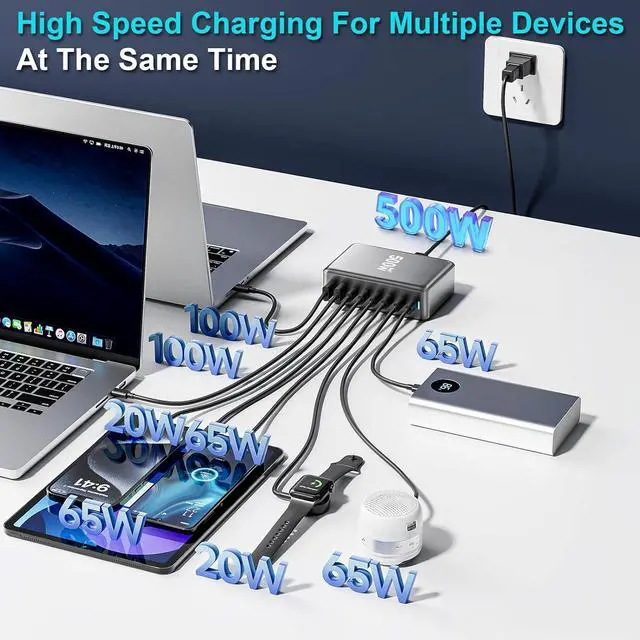 Alt view image 4 of 6 - 500W USB C Charger Block, Multi-port Fast USB Charging Station Dual PD 100W GaN Charging Station For Multiple Devices, Laptop Charger Adapter Compatible with MacBook, DELL, iPad, iPhone, Samsung etc