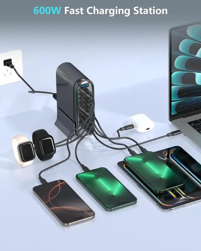 Alt view image 5 of 7 - 600W GaN Desktop Charging Station with Smart Display, 8-Port USB-C & USB-A Fast Charger Hub, PD 3.1 Multi-Device Power Adapter for MacBook Pro, iPhone 15/14, iPad, Samsung Galaxy(Silver)