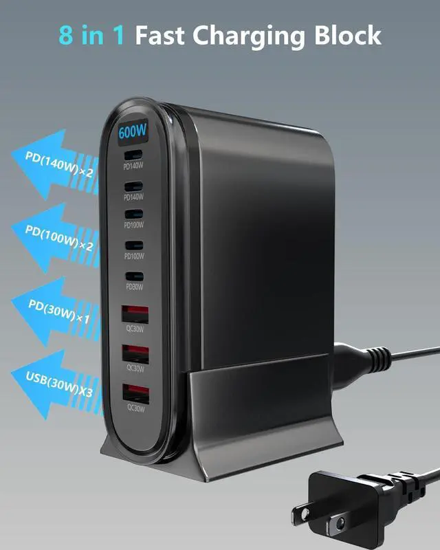 Alt view image 4 of 7 - 600W GaN Desktop Charging Station with Smart Display, 8-Port USB-C & USB-A Fast Charger Hub, PD 3.1 Multi-Device Power Adapter for MacBook Pro, iPhone 15/14, iPad, Samsung Galaxy(Silver)
