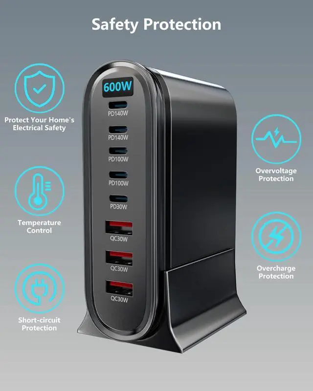 Alt view image 7 of 7 - 600W GaN Desktop Charging Station with Smart Display, 8-Port USB-C & USB-A Fast Charger Hub, PD 3.1 Multi-Device Power Adapter for MacBook Pro, iPhone 15/14, iPad, Samsung Galaxy(Silver)