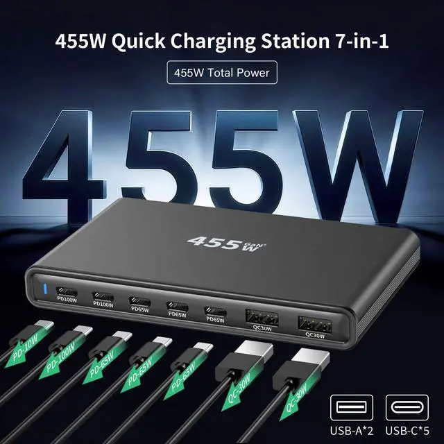 Alt view image 2 of 6 - 455W Ultra-Slim GaN Desktop Charging Station, 7-Port USB-C & USB-A Fast Charger Hub, PD 3.1 Multi-Device Power Adapter for MacBook Pro, iPhone 15/14, iPad, Samsung Galaxy