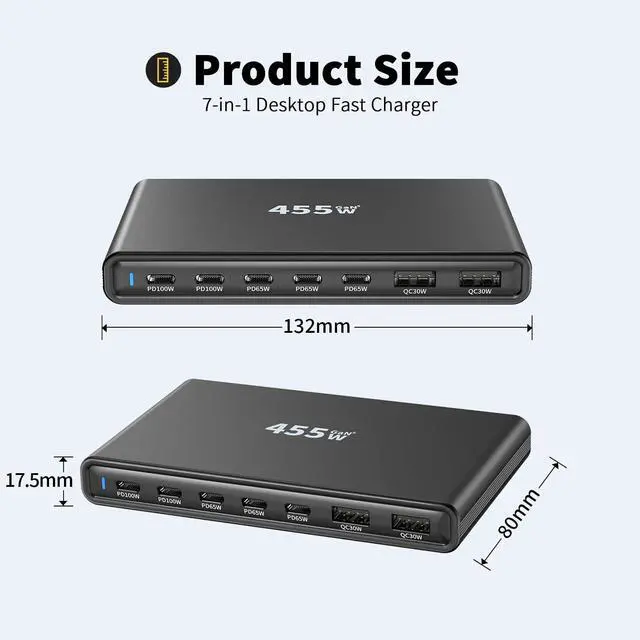 Alt view image 5 of 6 - 455W Ultra-Slim GaN Desktop Charging Station, 7-Port USB-C & USB-A Fast Charger Hub, PD 3.1 Multi-Device Power Adapter for MacBook Pro, iPhone 15/14, iPad, Samsung Galaxy