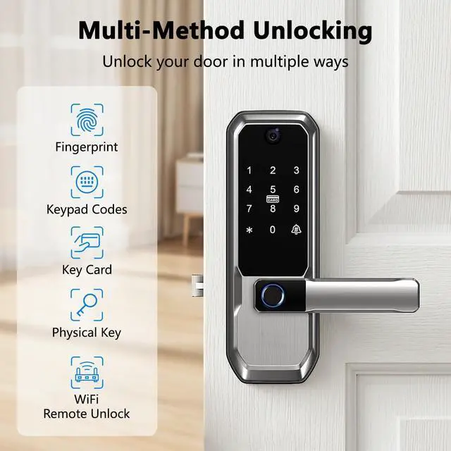 Alt view image 4 of 7 - 3D Face Recognition Smart Door Lock with Visual Peephole & One-Touch Handle-WiFi Smart Door Lock, Camera Doorbell, Fingerprint
