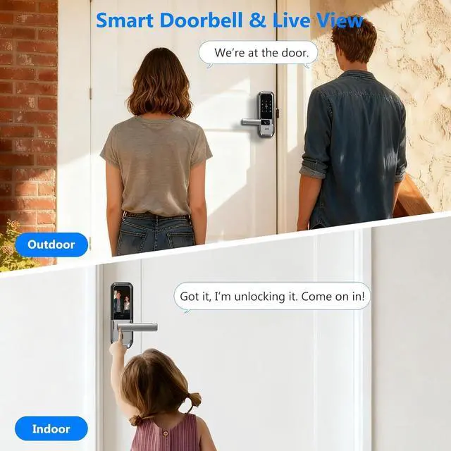 Alt view image 6 of 7 - 3D Face Recognition Smart Door Lock with Visual Peephole & One-Touch Handle-WiFi Smart Door Lock, Camera Doorbell, Fingerprint