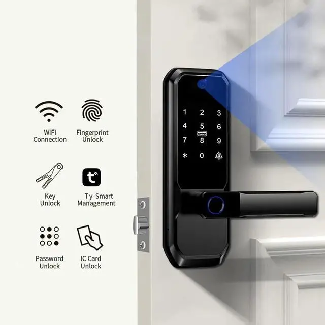 Alt view image 7 of 7 - 3D Face Recognition Smart Door Lock with Visual Peephole & One-Touch Handle-WiFi Smart Door Lock, Camera Doorbell, Fingerprint (Black)
