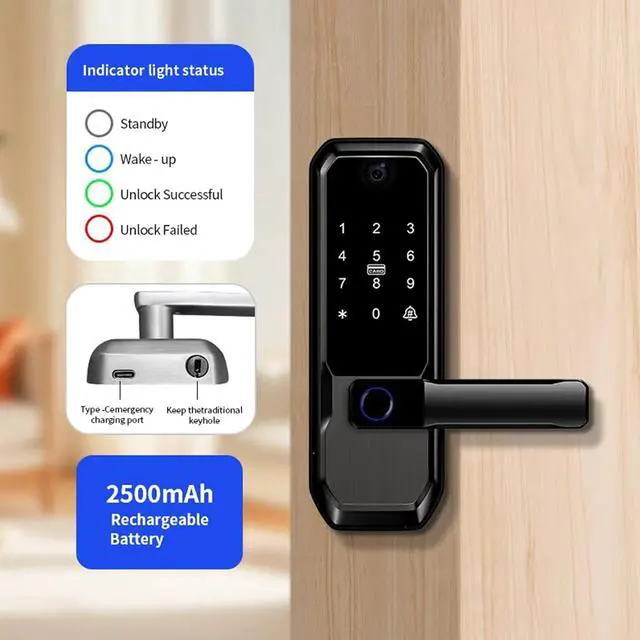 Alt view image 5 of 7 - 3D Face Recognition Smart Door Lock with Visual Peephole & One-Touch Handle-WiFi Smart Door Lock, Camera Doorbell, Fingerprint (Black)