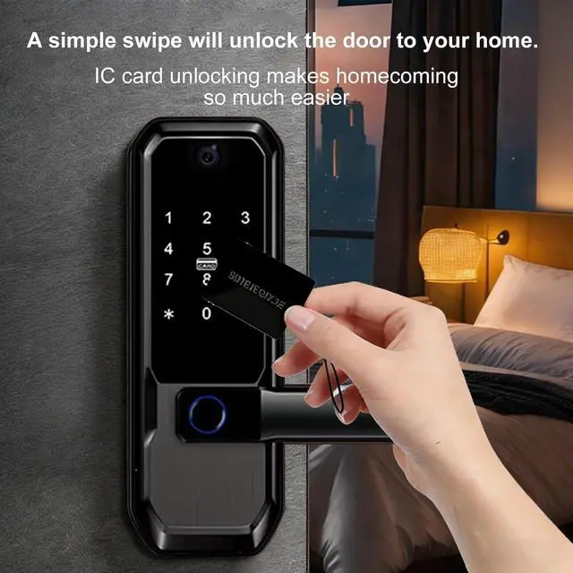 Alt view image 2 of 7 - 3D Face Recognition Smart Door Lock with Visual Peephole & One-Touch Handle-WiFi Smart Door Lock, Camera Doorbell, Fingerprint (Black)