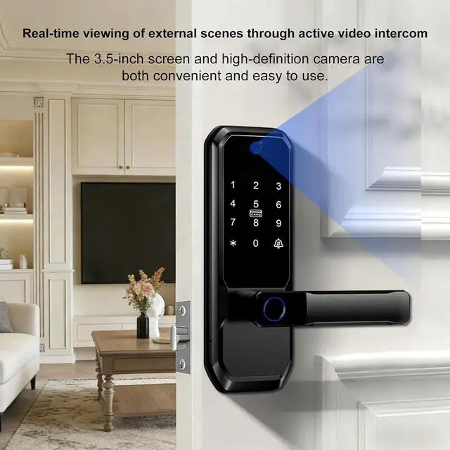 Alt view image 4 of 7 - 3D Face Recognition Smart Door Lock with Visual Peephole & One-Touch Handle-WiFi Smart Door Lock, Camera Doorbell, Fingerprint (Black)