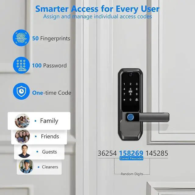 Alt view image 2 of 7 - 3D Face Recognition Smart Door Lock with Visual Peephole & One-Touch Handle-WiFi Smart Door Lock, Camera Doorbell, Fingerprint (Charcoal)