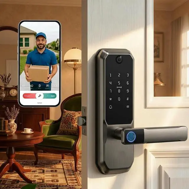Main image of 3D Face Recognition Smart Door Lock with Visual Peephole & One-Touch Handle-WiFi Smart Door Lock, Camera Doorbell, Fingerprint (Charcoal)