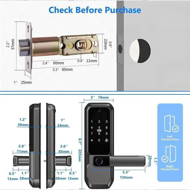 Alt view image 3 of 7 - 3D Face Recognition Smart Door Lock with Visual Peephole & One-Touch Handle-WiFi Smart Door Lock, Camera Doorbell, Fingerprint (Charcoal)