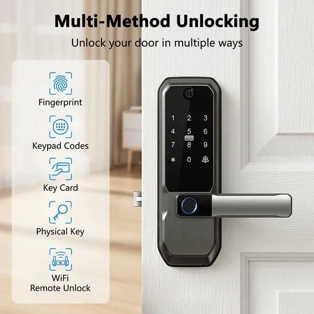 Alt view image 4 of 7 - 3D Face Recognition Smart Door Lock with Visual Peephole & One-Touch Handle-WiFi Smart Door Lock, Camera Doorbell, Fingerprint (Charcoal)