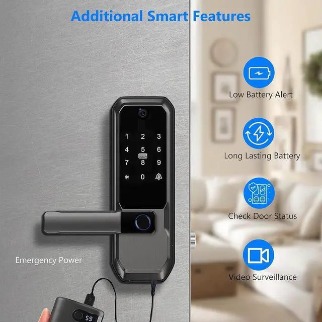 Alt view image 5 of 7 - 3D Face Recognition Smart Door Lock with Visual Peephole & One-Touch Handle-WiFi Smart Door Lock, Camera Doorbell, Fingerprint (Charcoal)