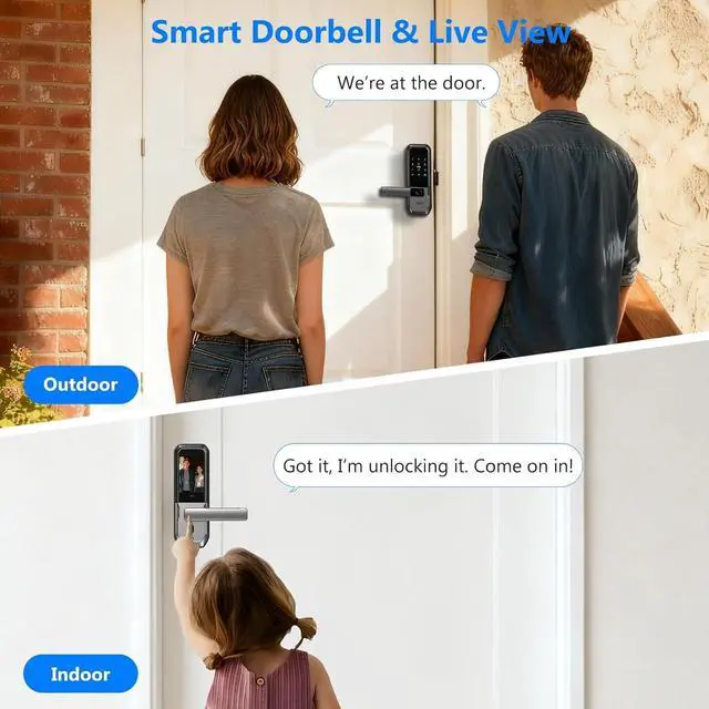 Alt view image 6 of 7 - 3D Face Recognition Smart Door Lock with Visual Peephole & One-Touch Handle-WiFi Smart Door Lock, Camera Doorbell, Fingerprint (Charcoal)