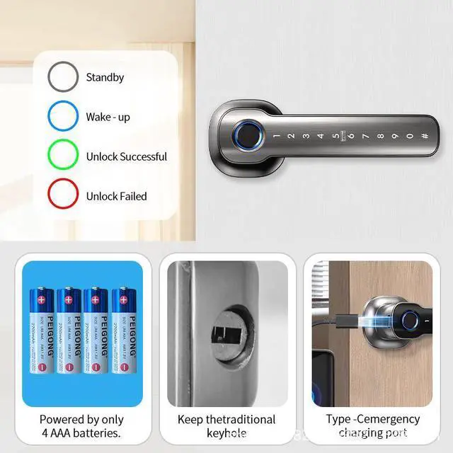 Alt view image 3 of 7 - Smart Fingerprint Door Lock with APP Remote Management, Keyless Electronic Password Lock, Biometric Security Entry Lock for Home Apartment Office
