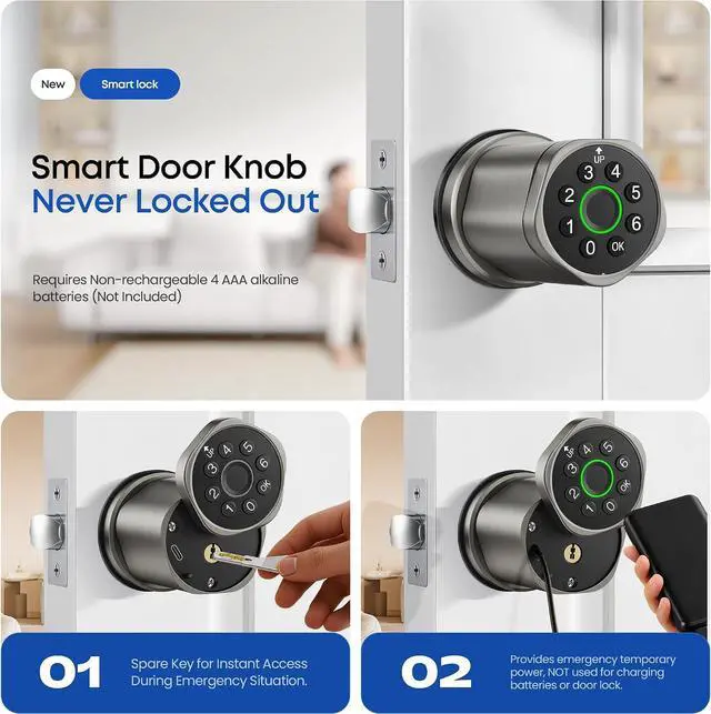 Alt view image 2 of 7 - Smart Fingerprint Door Lock, Interior Bedroom Password Lock with Replaceable Knob Design, Digital Electronic Lock with Tuya APP Control for Home Wooden Doors