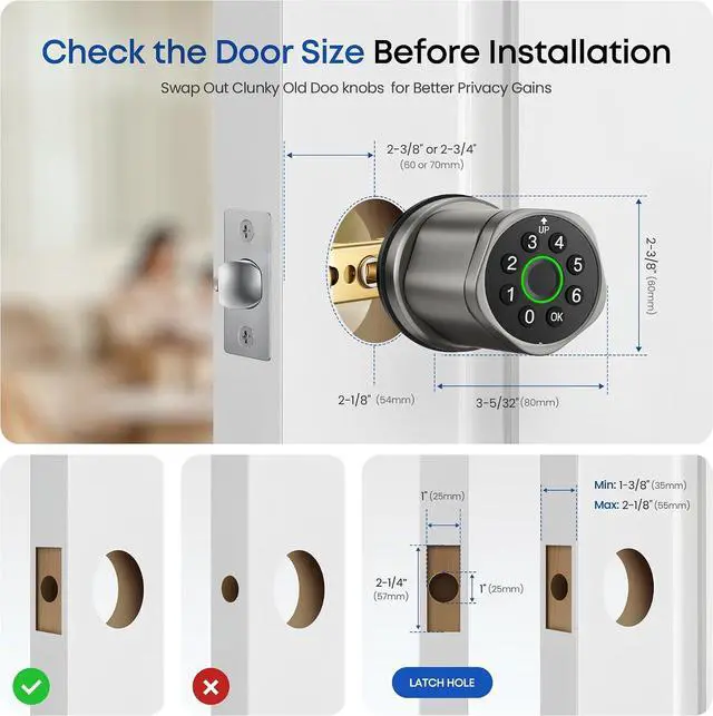 Alt view image 3 of 7 - Smart Fingerprint Door Lock, Interior Bedroom Password Lock with Replaceable Knob Design, Digital Electronic Lock with Tuya APP Control for Home Wooden Doors
