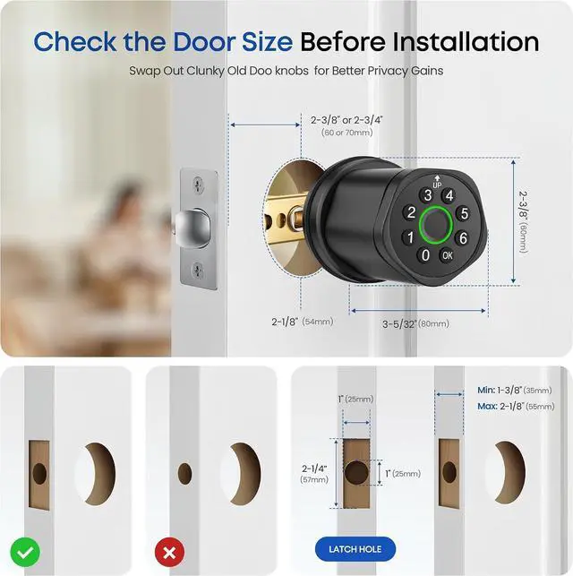 Alt view image 7 of 7 - Smart Fingerprint Door Lock, Interior Bedroom Password Lock with Replaceable Knob Design, Digital Electronic Lock with Tuya APP Control for Home Wooden Doors (Black)