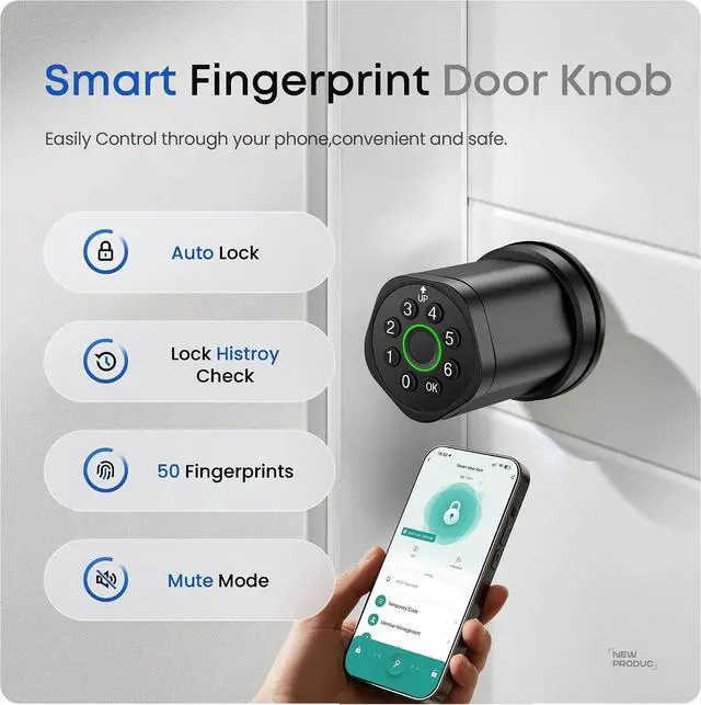 Alt view image 2 of 7 - Smart Fingerprint Door Lock, Interior Bedroom Password Lock with Replaceable Knob Design, Digital Electronic Lock with Tuya APP Control for Home Wooden Doors (Black)